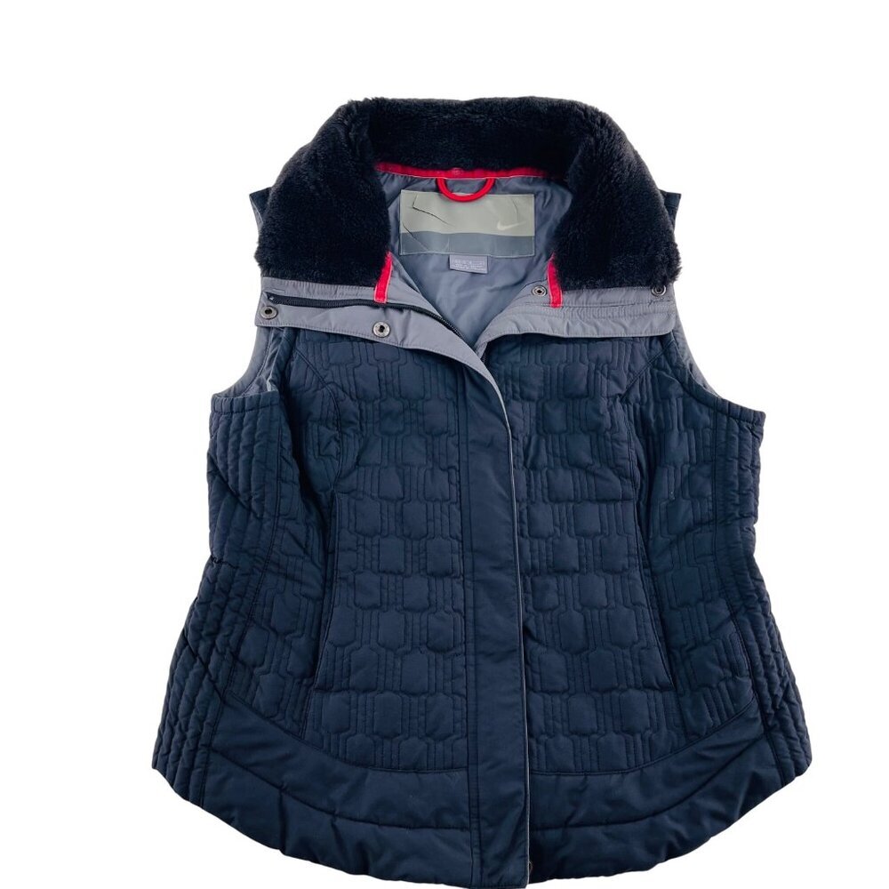 Nike Womens Quilted Vest Black Size Medium With Faux‎ Fur Collar